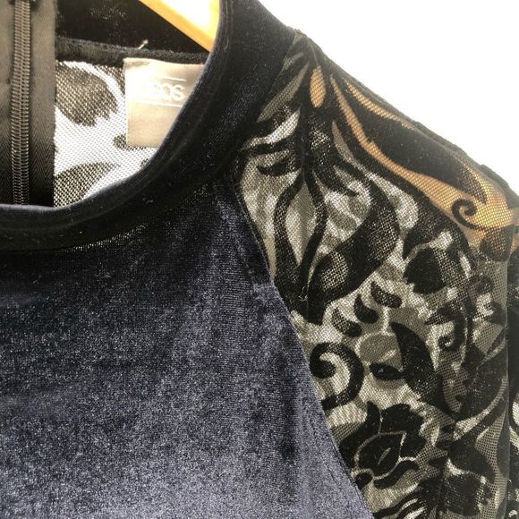 ASOS Velvet & Lace Navy Black Long Sleeve Bodycon Mini Dress size 14 NWT - Picture 4 of 13